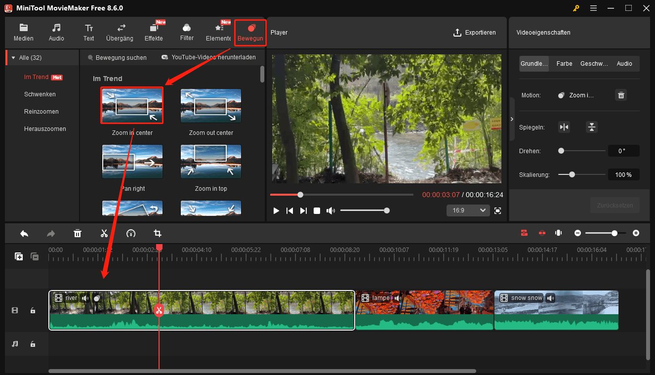 Eine Bewegung zu einem Clip in MiniTool MovieMaker hinzufügen.