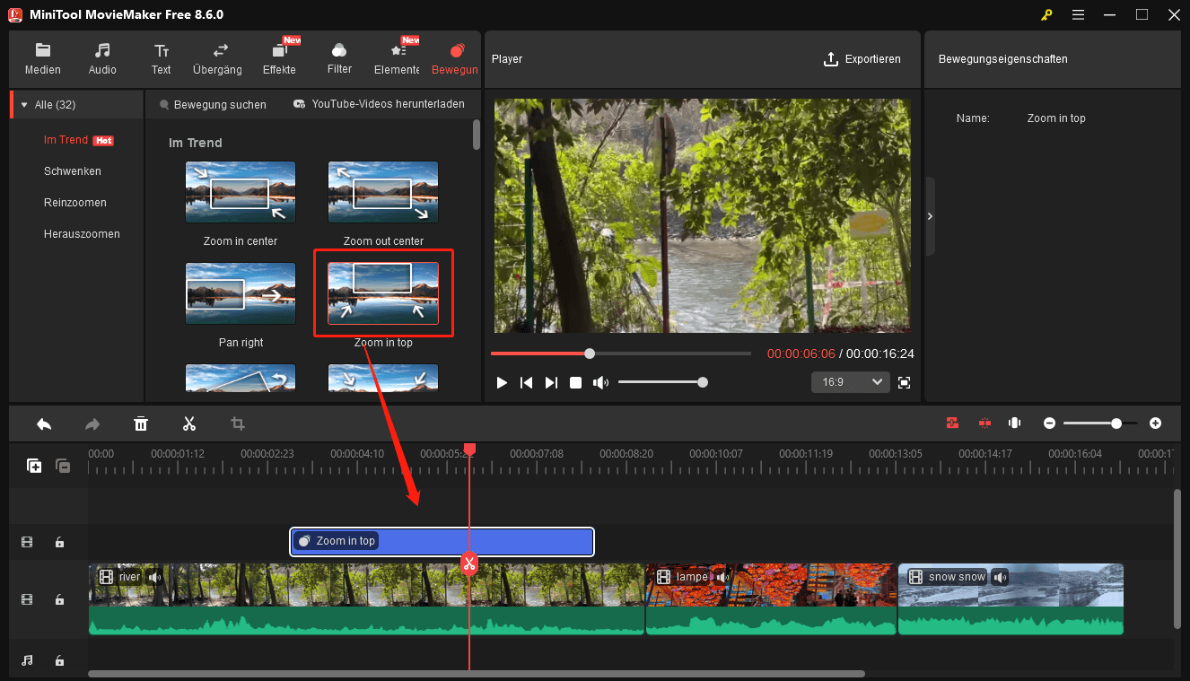 Eine Bewegung auf einer neuen Spur in MiniTool MovieMaker hinzufügen.