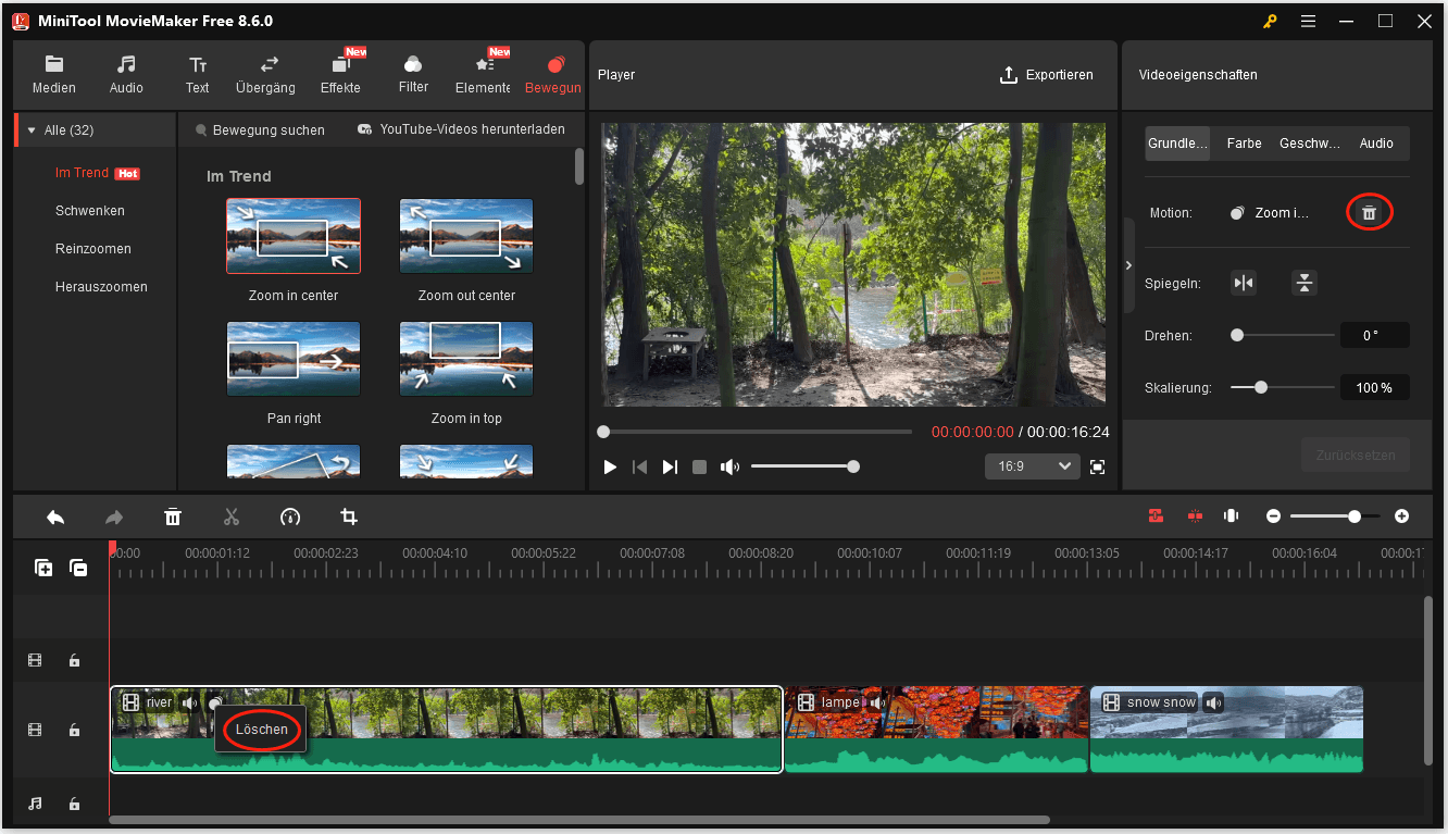 Zwei Möglichkeiten zum Löschen von Bewegungen, die sich auf dem Video in MiniTool MovieMaker befinden.