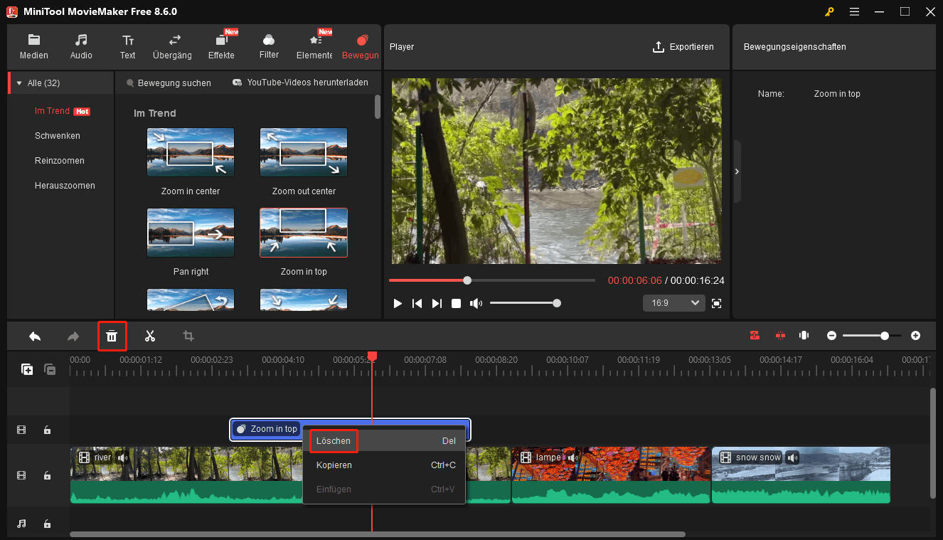 Zwei Möglichkeiten zum Löschen der Bewegung auf einer neuen Spur in MiniTool MovieMaker.