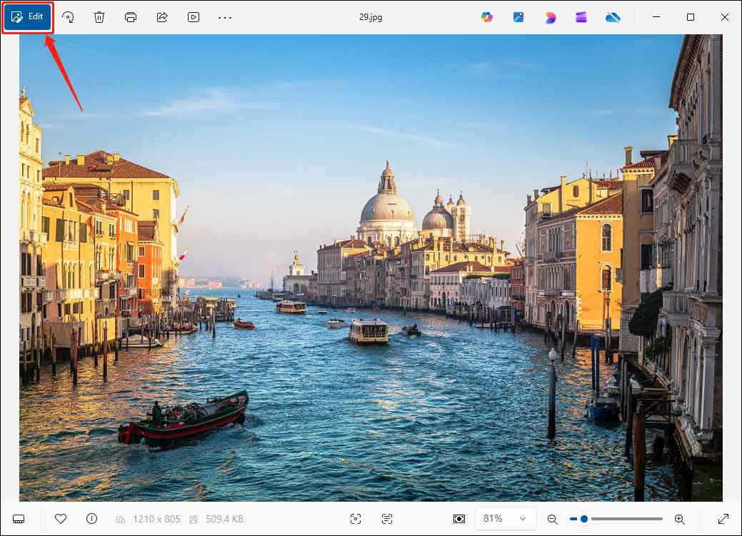 Microsoft Photos preview window with the selected Edit option in the upper left corner.