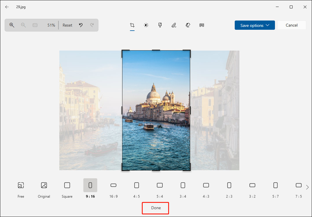 Microsoft Photos image cropping page with the selected Done option at the bottom.