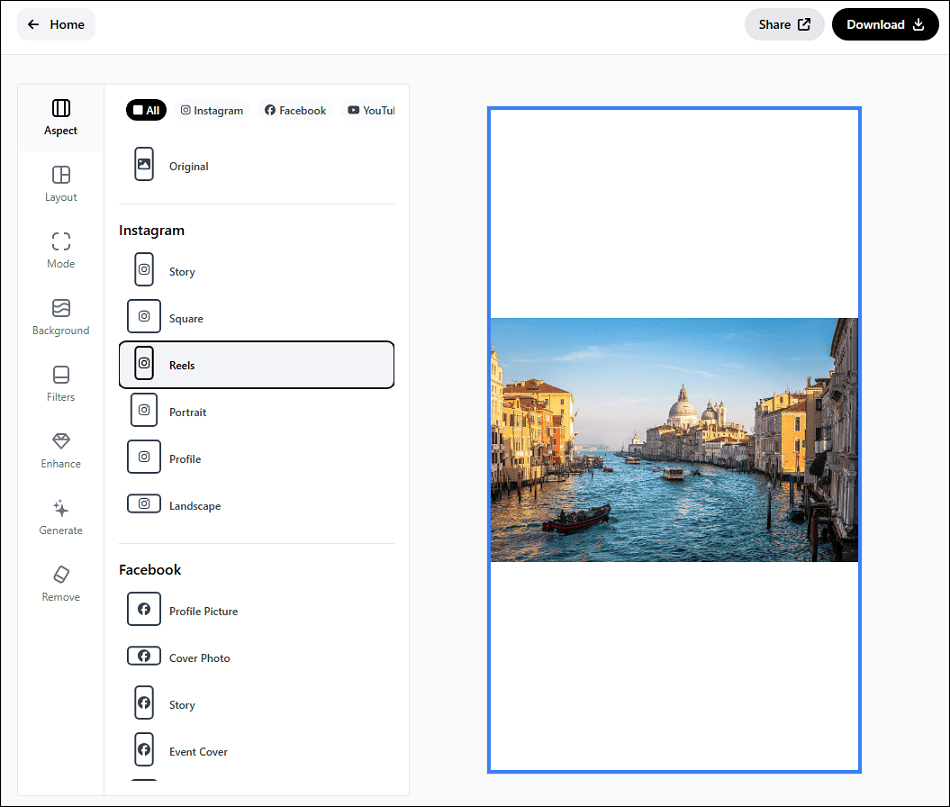 The editor page of the Instasize website showing a landscape photo in a portrait canvas.