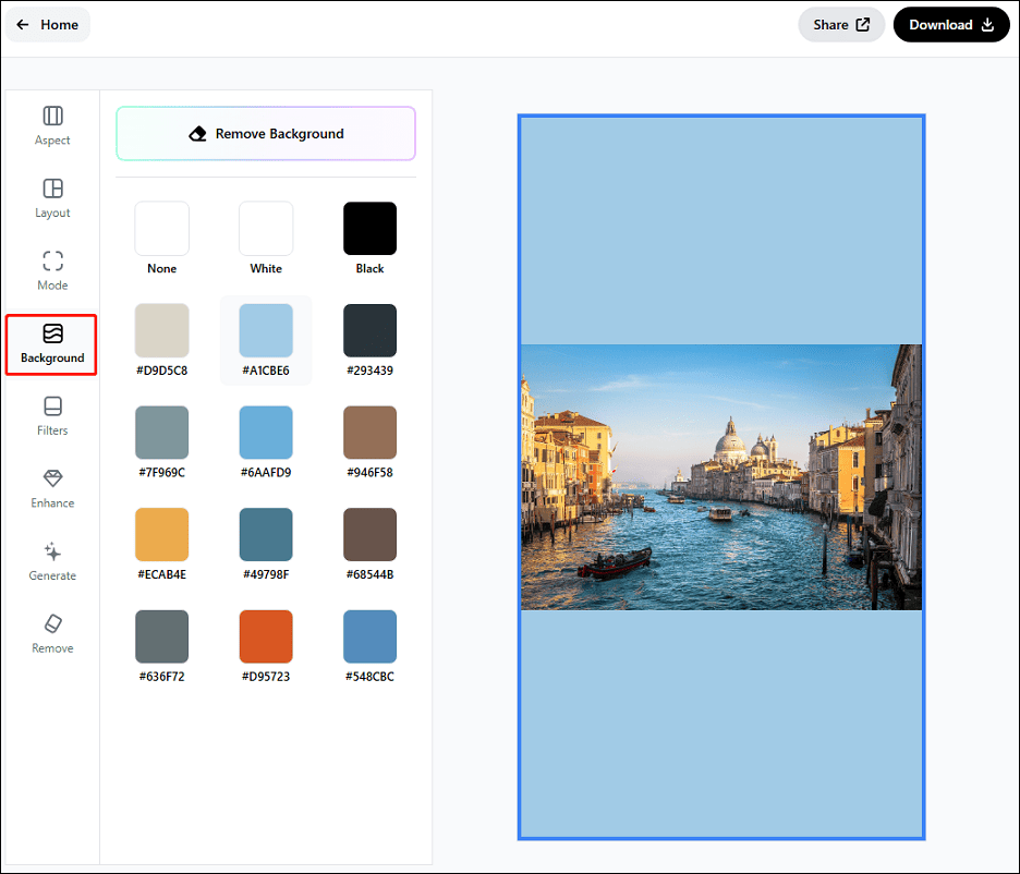 The editor page of the Instasize website showing the highlighted Background option on the left.