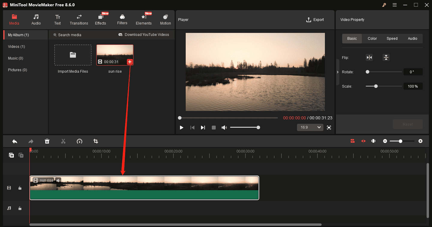 MiniTool MovieMaker interface showing how to add a video from the media library to the timeline.