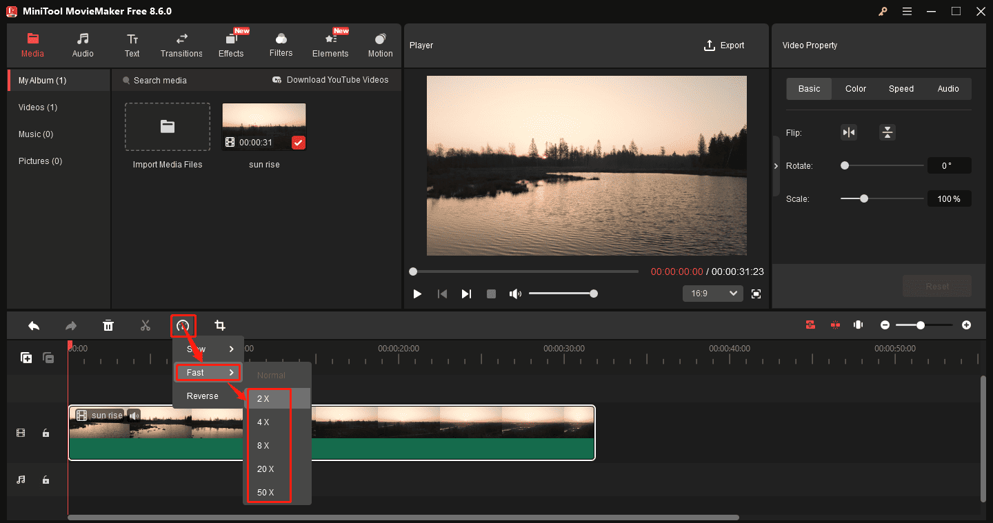 MiniTool MovieMaker interface showing how to speed up a video.