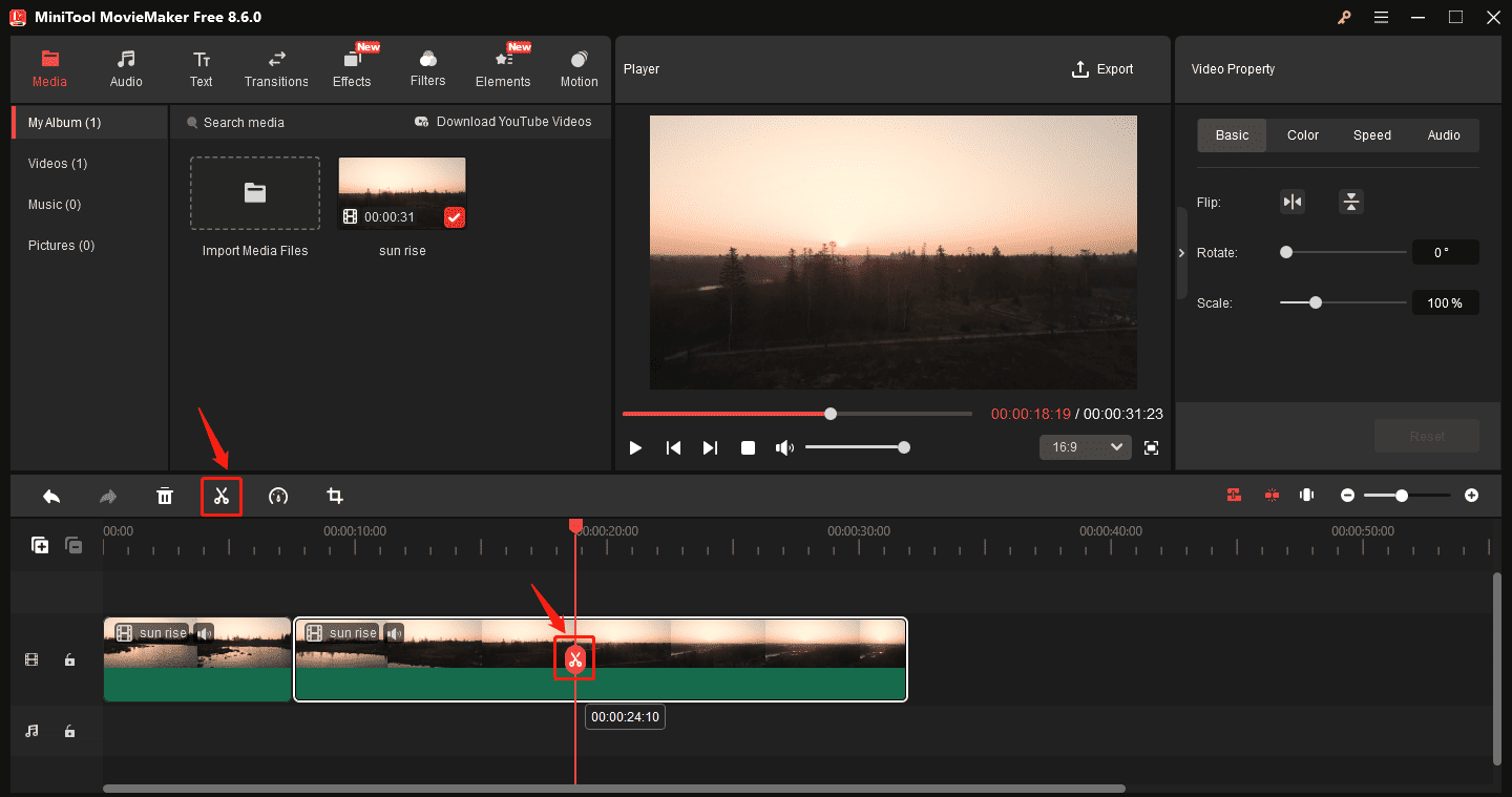 MiniTool MovieMaker interface showing how to split a video.