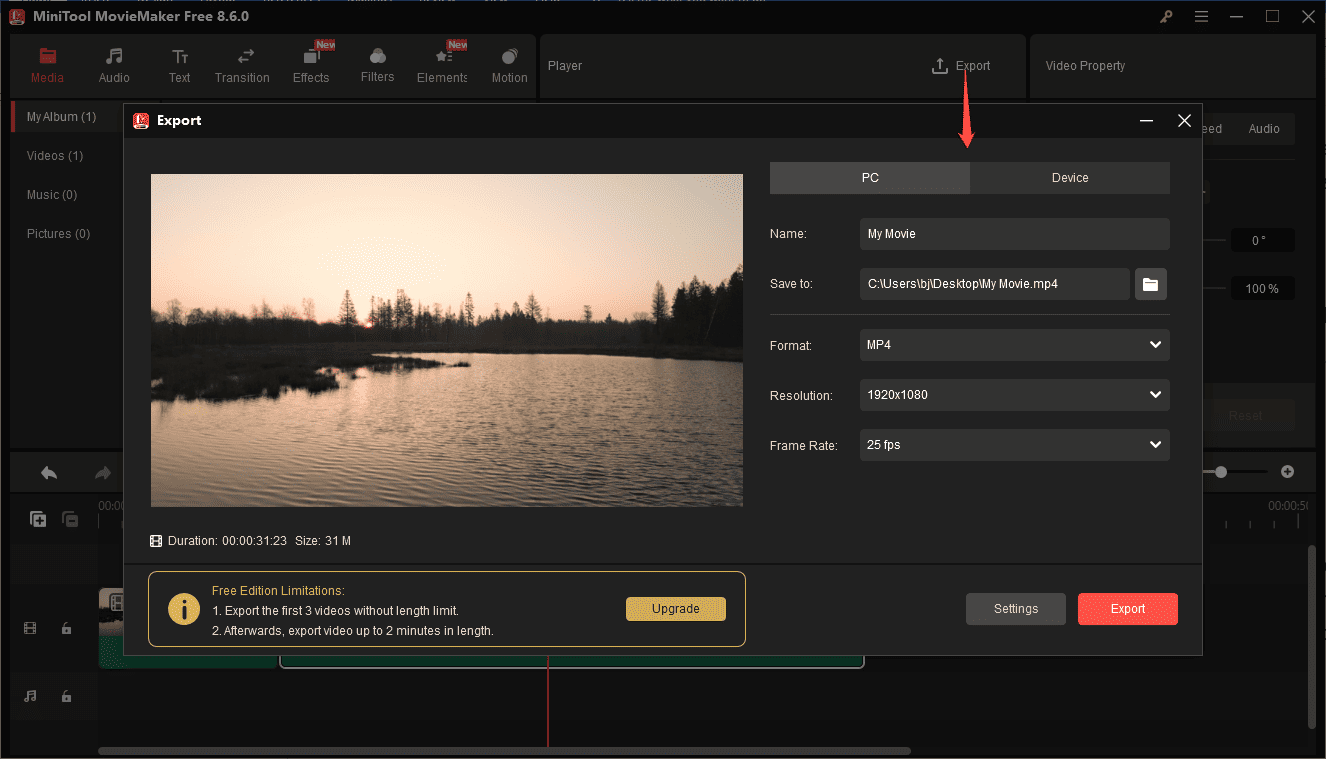 MiniTool MovieMaker interface showing how to open the Export window.