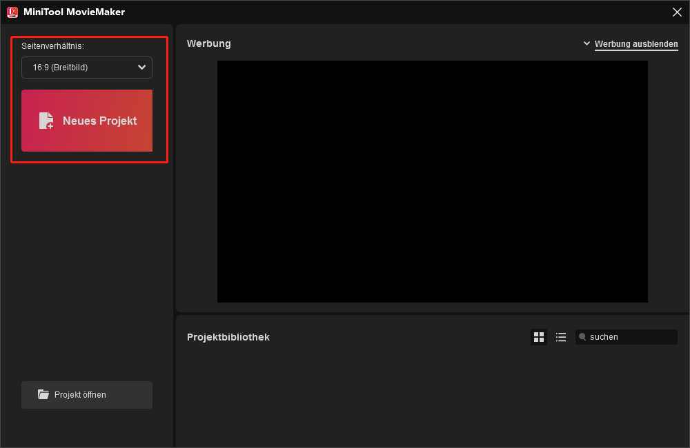 Wählen Sie ein Seitenverhältnis im Projektfenster