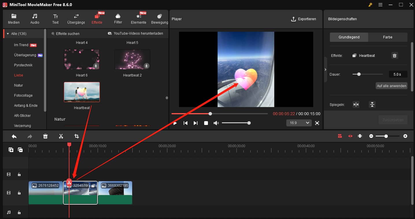 Einen Effekt zu einem Clip in MiniTool MovieMaker hinzufügen.