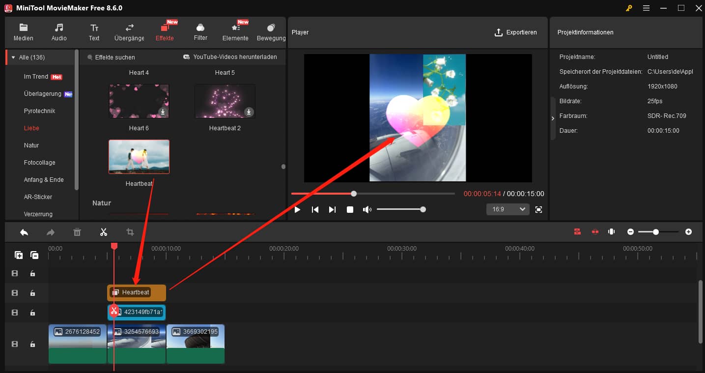 Einen Effekt auf einer neuen Spur in MiniTool MovieMaker hinzufügen.