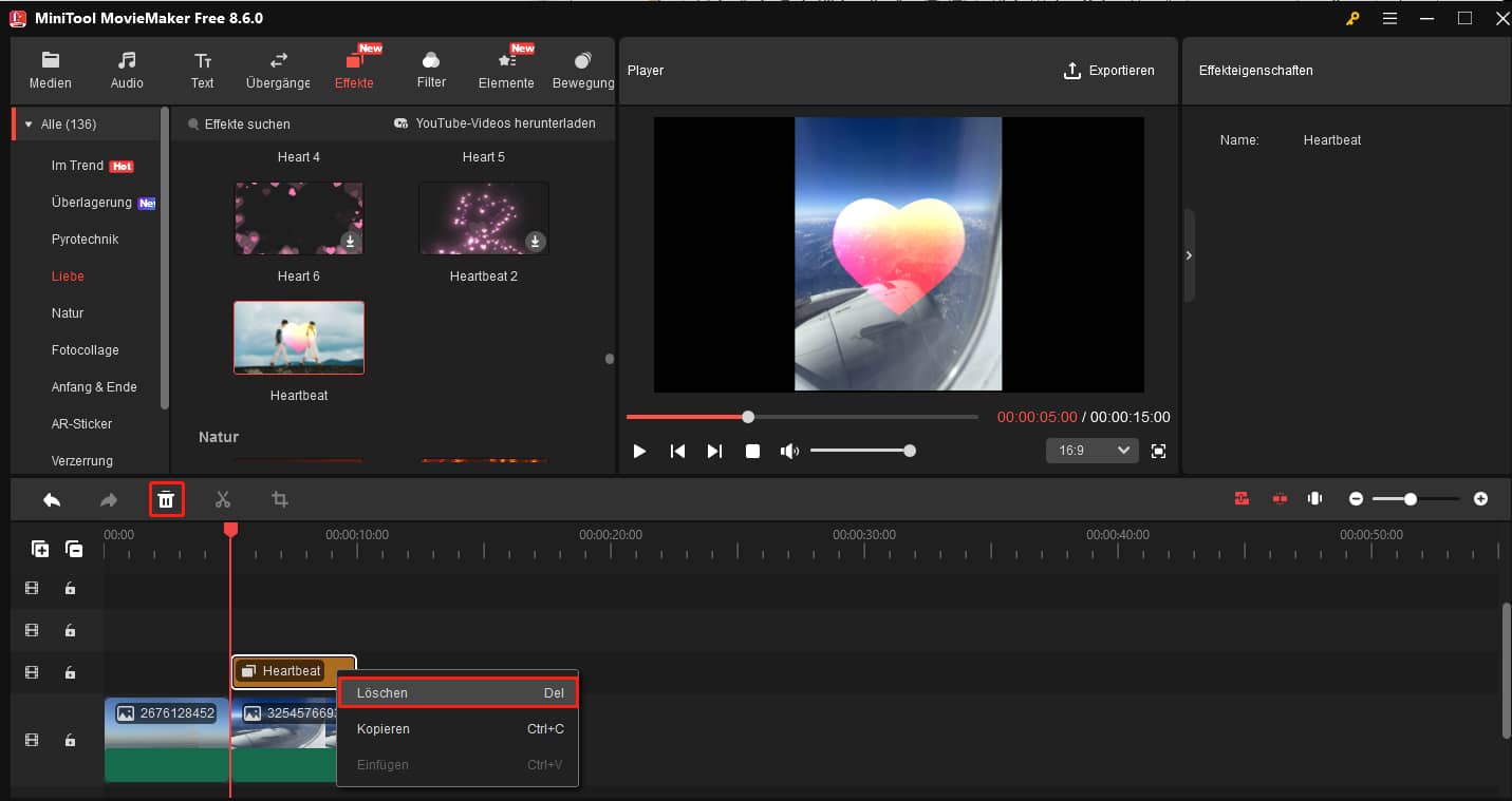 Einen Effekt auf einer neuen Spur in MiniTool MovieMaker löschen.