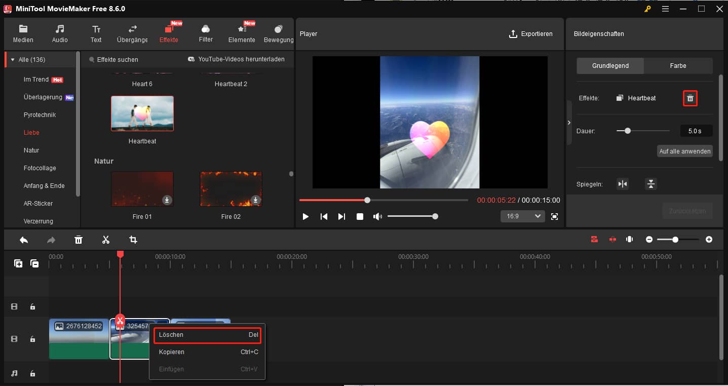 Einen Effekt auf dem Video in MiniTool MovieMaker löschen.