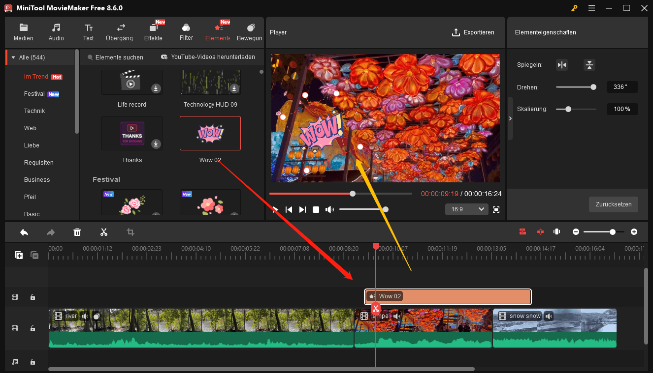 Ein Element zu einem Video in MiniTool MovieMaker hinzufügen.