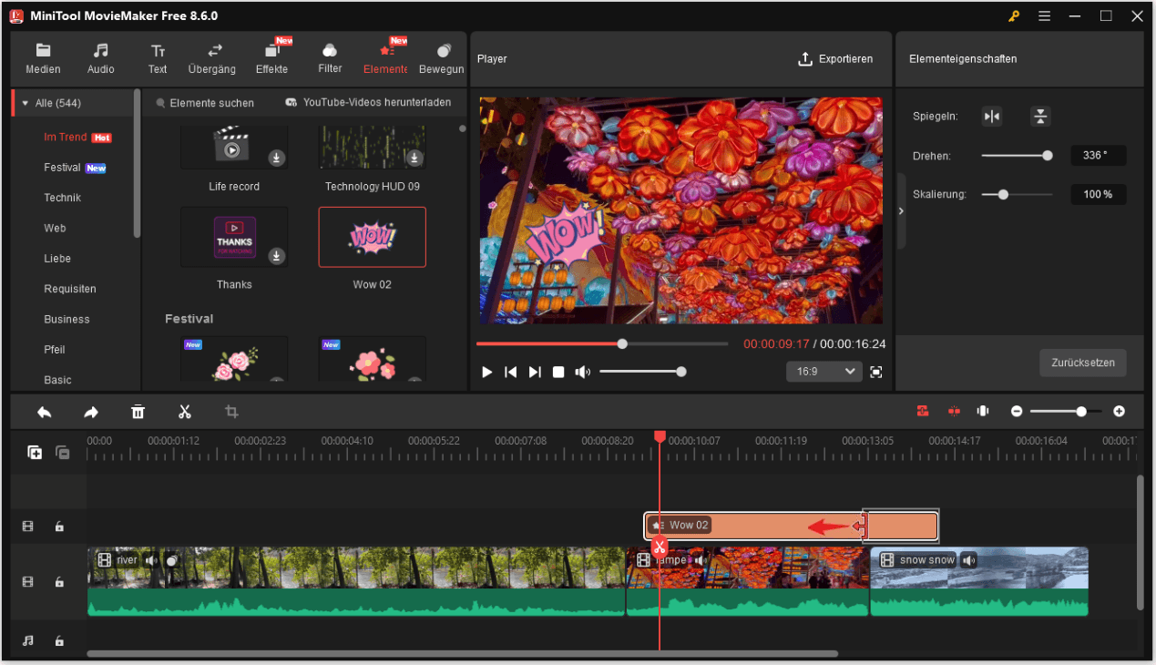 Ein Element in MiniTool MovieMaker verkürzen oder verlängern.