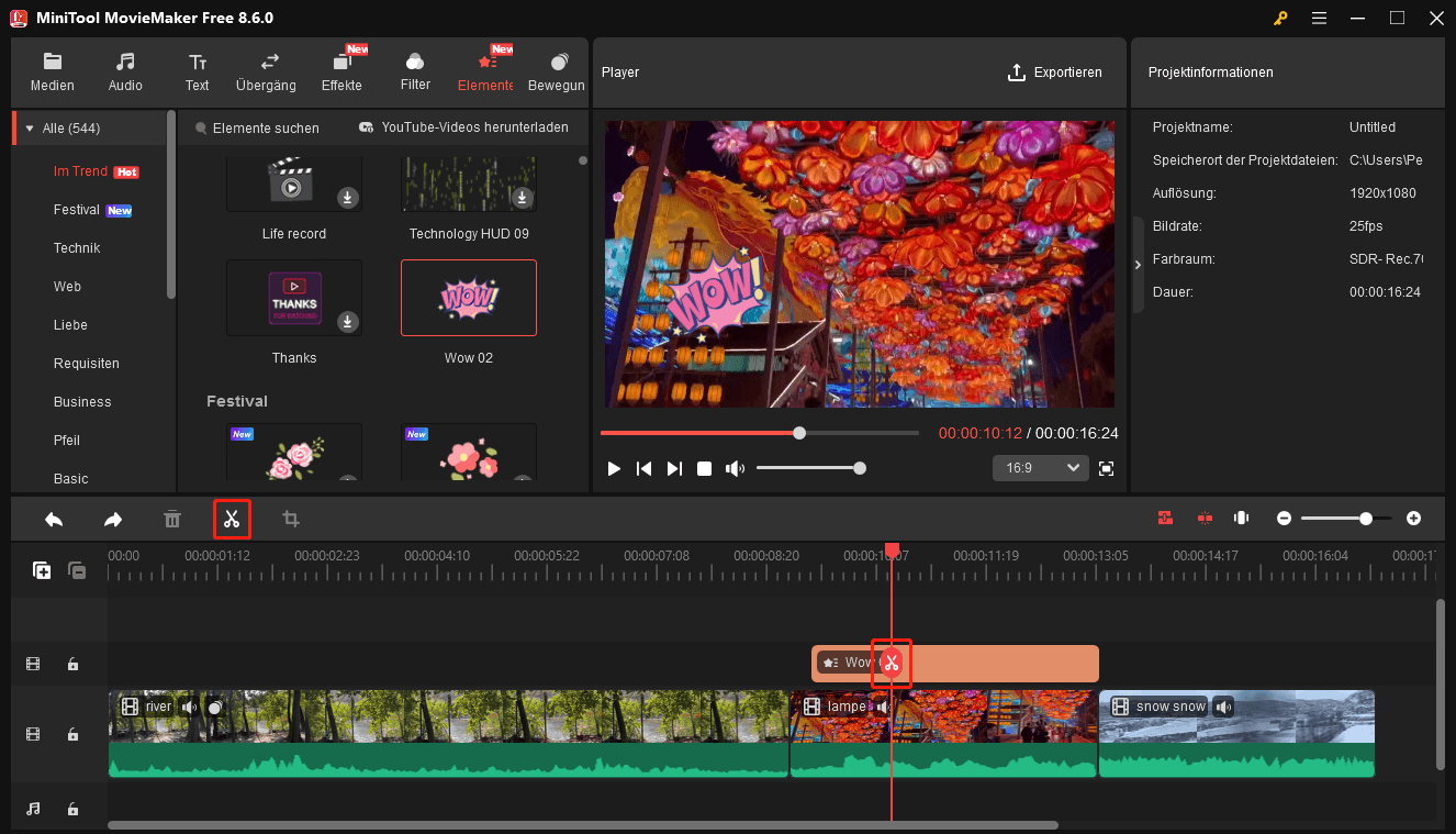 Ein Element in MiniTool MovieMaker teilen.
