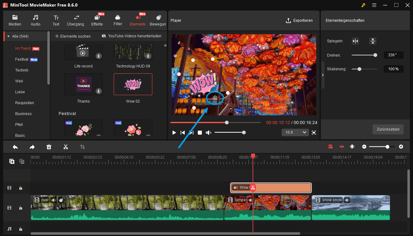 Die Position des Elements in MiniTool MovieMaker ändern.