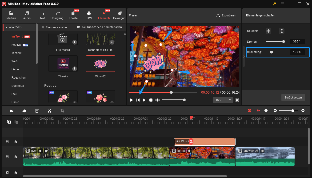 Ändern der Elementgröße in MiniTool MovieMaker.