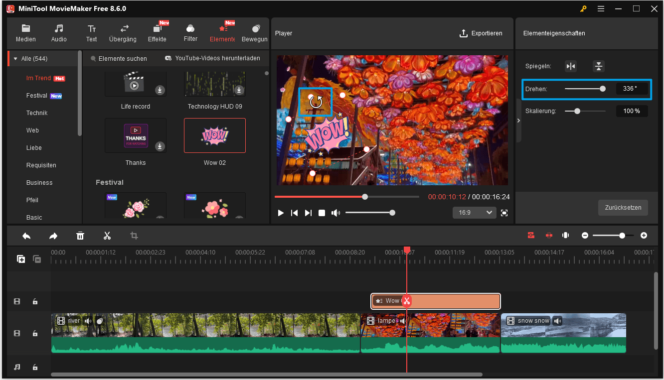 Element in MiniTool MovieMaker drehen.