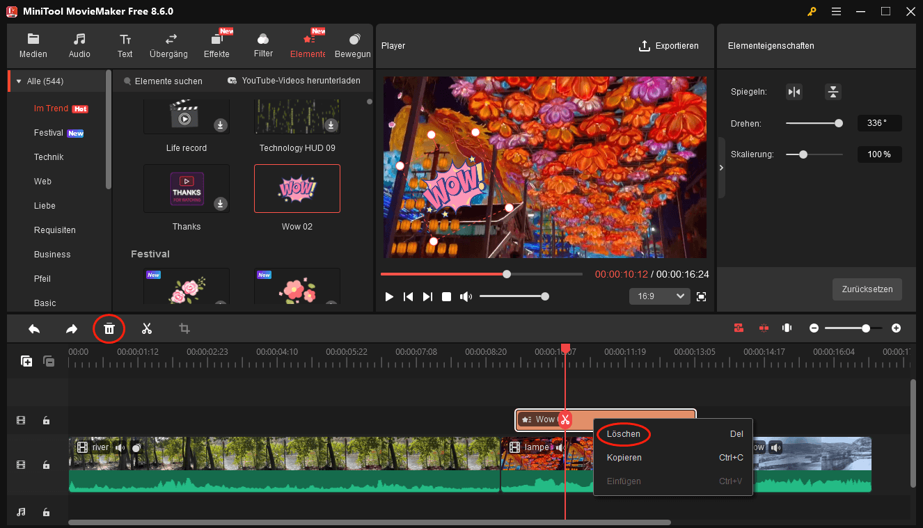 Ein Element in MiniTool MovieMaker löschen.