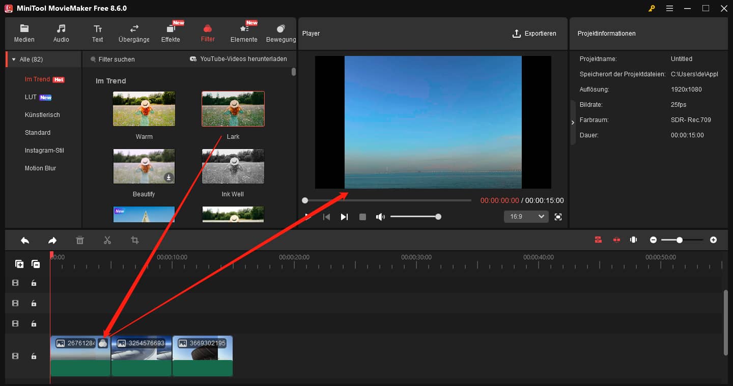 Hinzufügen eines Filters zu einem einzelnen Video in MiniTool MovieMaker.