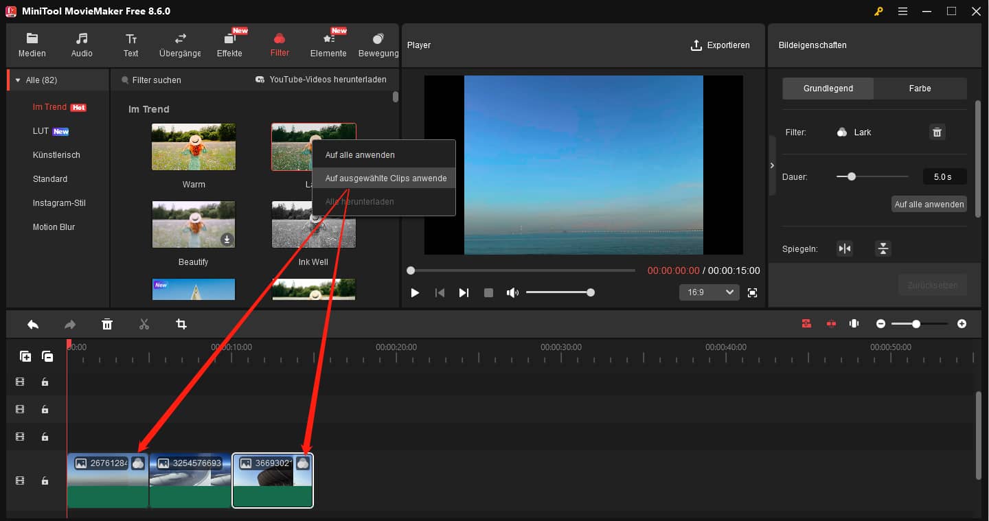 Hinzufügen eines Filters zu mehreren Clips in MiniTool MovieMaker.