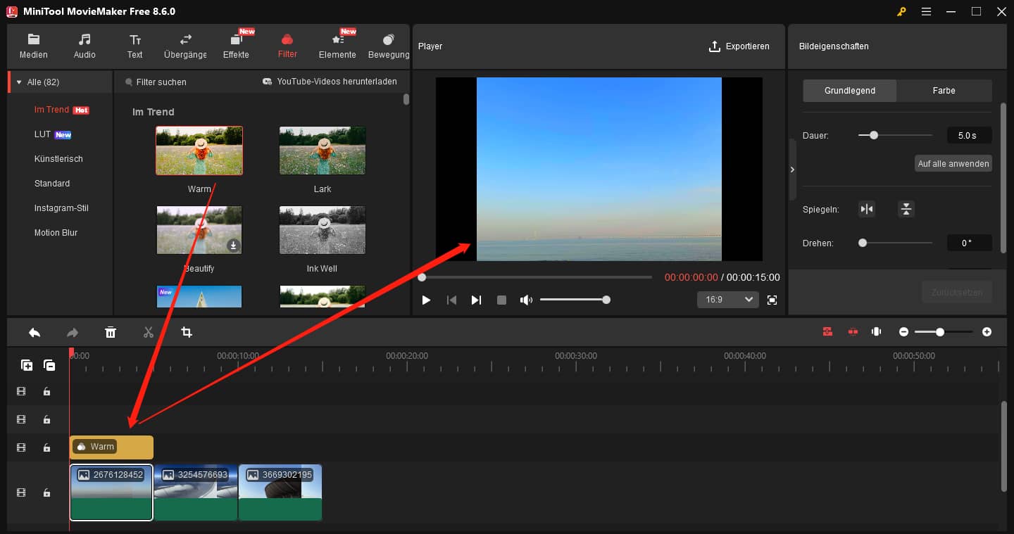 Hinzufügen eines Filters auf einer neuen Spur in MiniTool MovieMaker.
