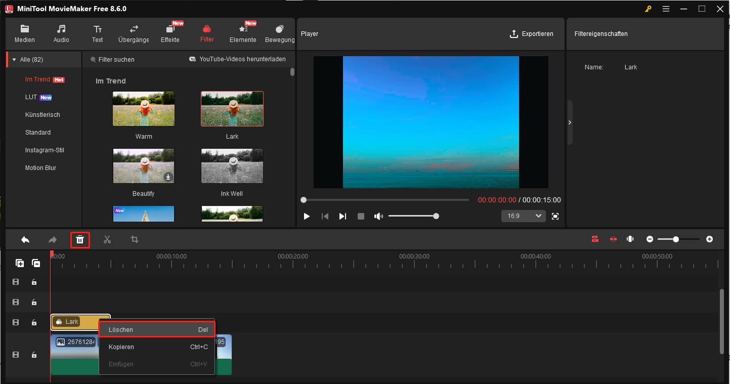 Zwei Möglichkeiten zum Löschen eines auf einer neuen Spur befindlichen Filters in MiniTool MovieMaker.