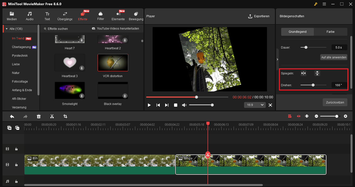 So spiegeln oder drehen Sie ein Foto in MiniTool MovieMaker über die Bildeigenschaften.