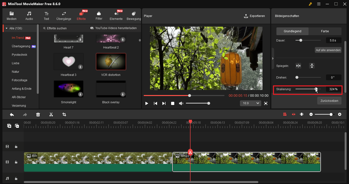 Gehen Sie zu den Bildeigenschaften, um die Anzeigegröße des Fotos in MiniTool MovieMaker anzupassen.