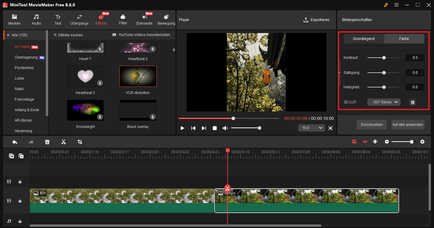 Führen Sie eine Farbkorrektur der Fotos in MiniTool MovieMaker durch.