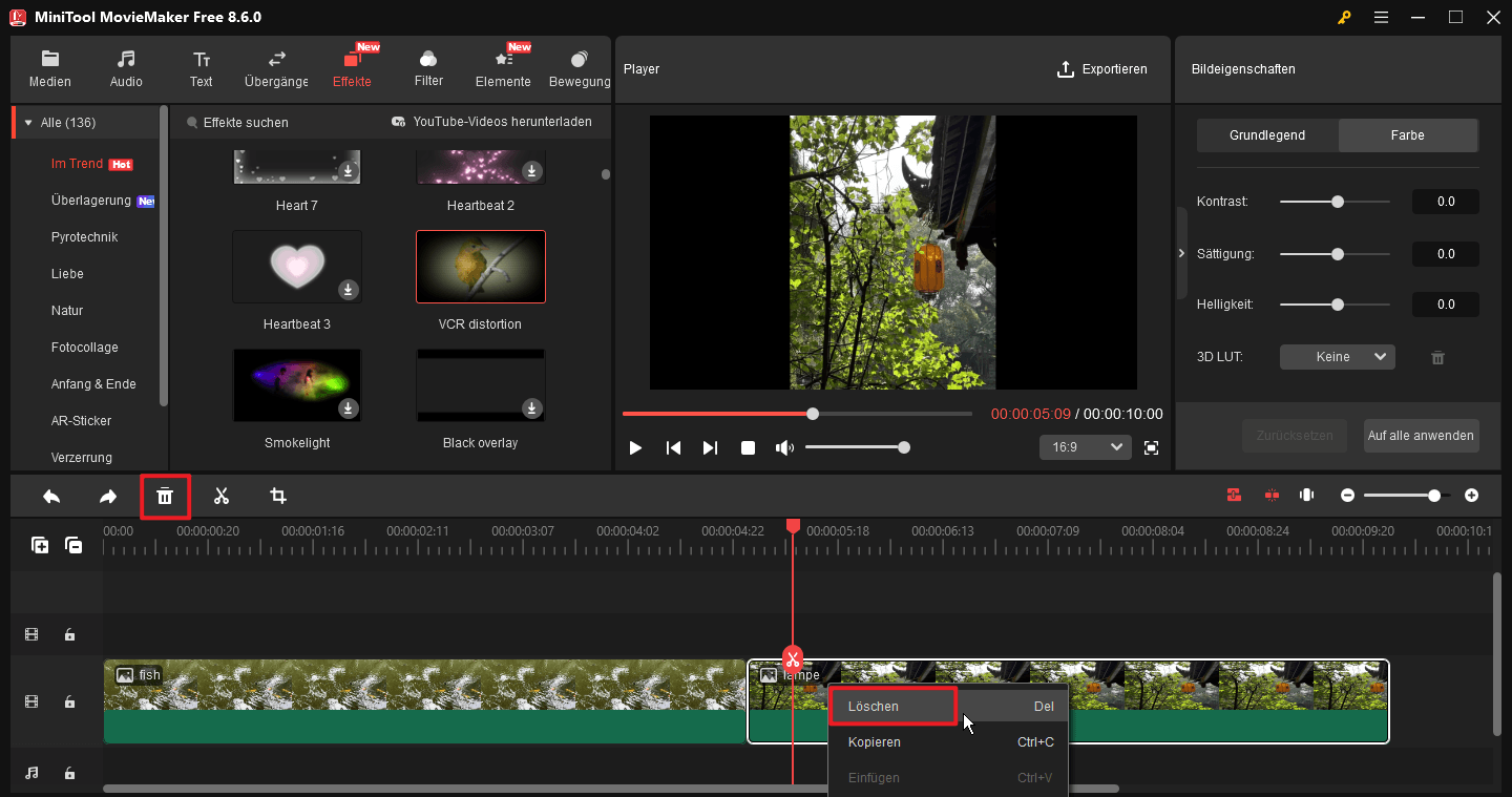 Ein Foto aus der Zeitleiste in MiniTool MovieMaker löschen.