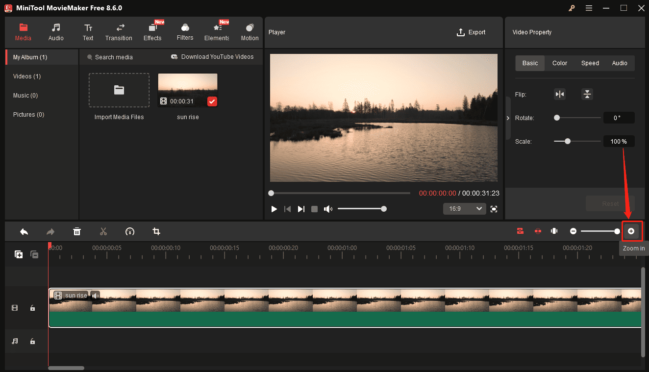 MiniTool MovieMaker showing how to zoom in on the timeline for frame-by-frame editing.