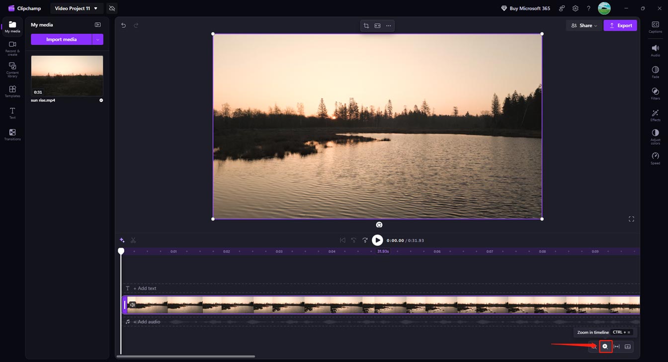 Microsoft Clipchamp interface showing how to zoom in on the timeline.