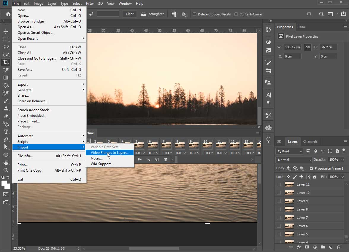 Photoshop interface showing how to import video frames to layers.