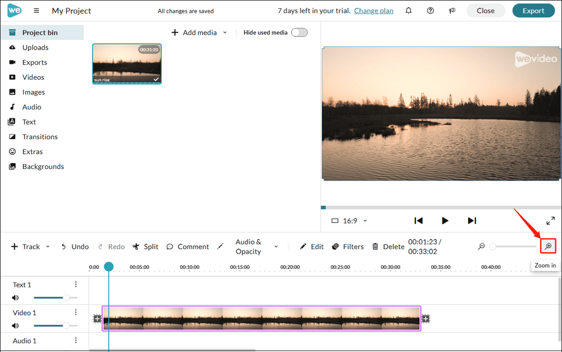 The WeVideo editing page showing how to zoom in on the timeline.