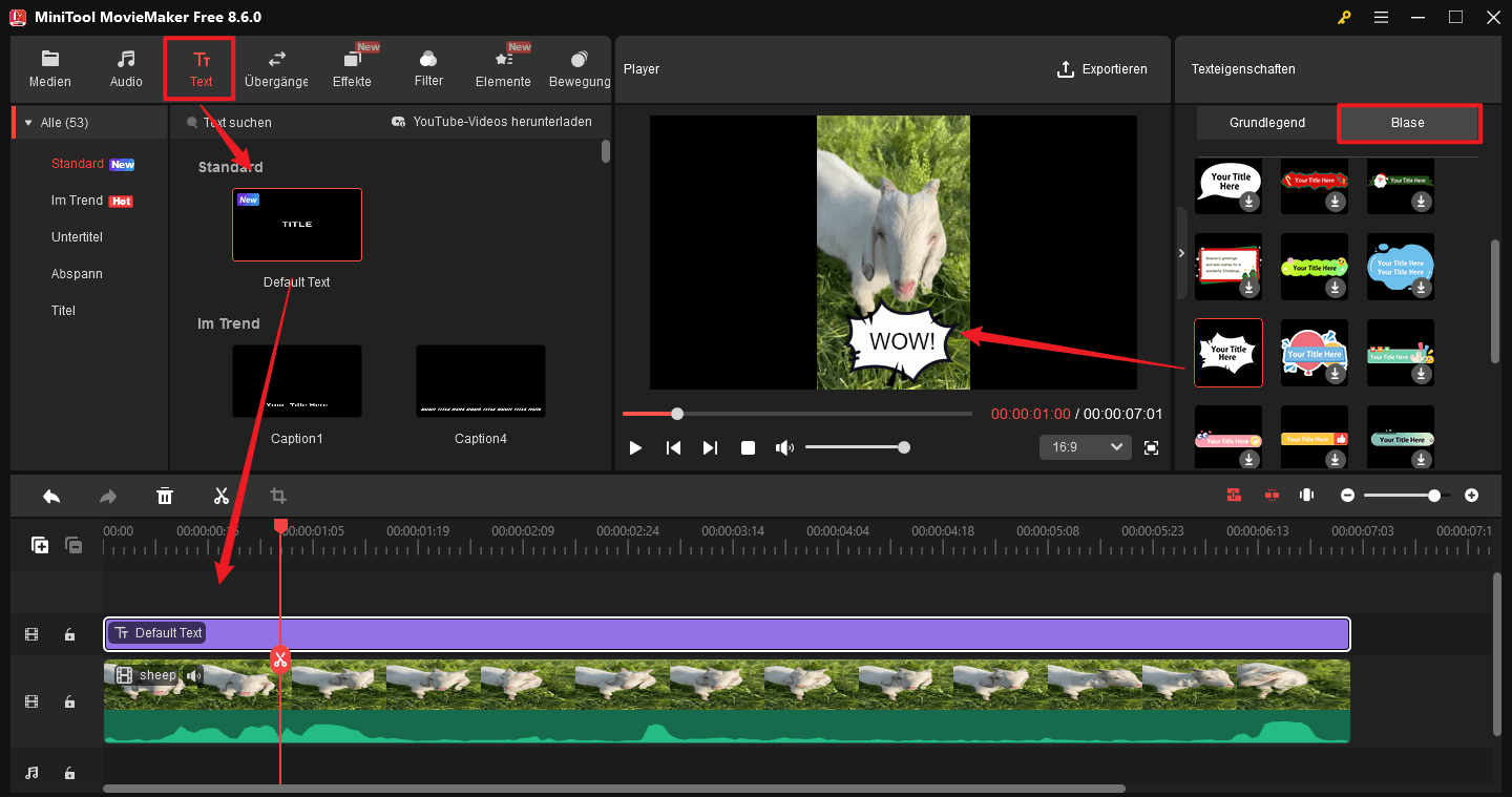 Die Benutzeroberfläche von MiniTool MovieMaker zeigt, wie man Sprechblasentext zu einem GIF hinzufügt.