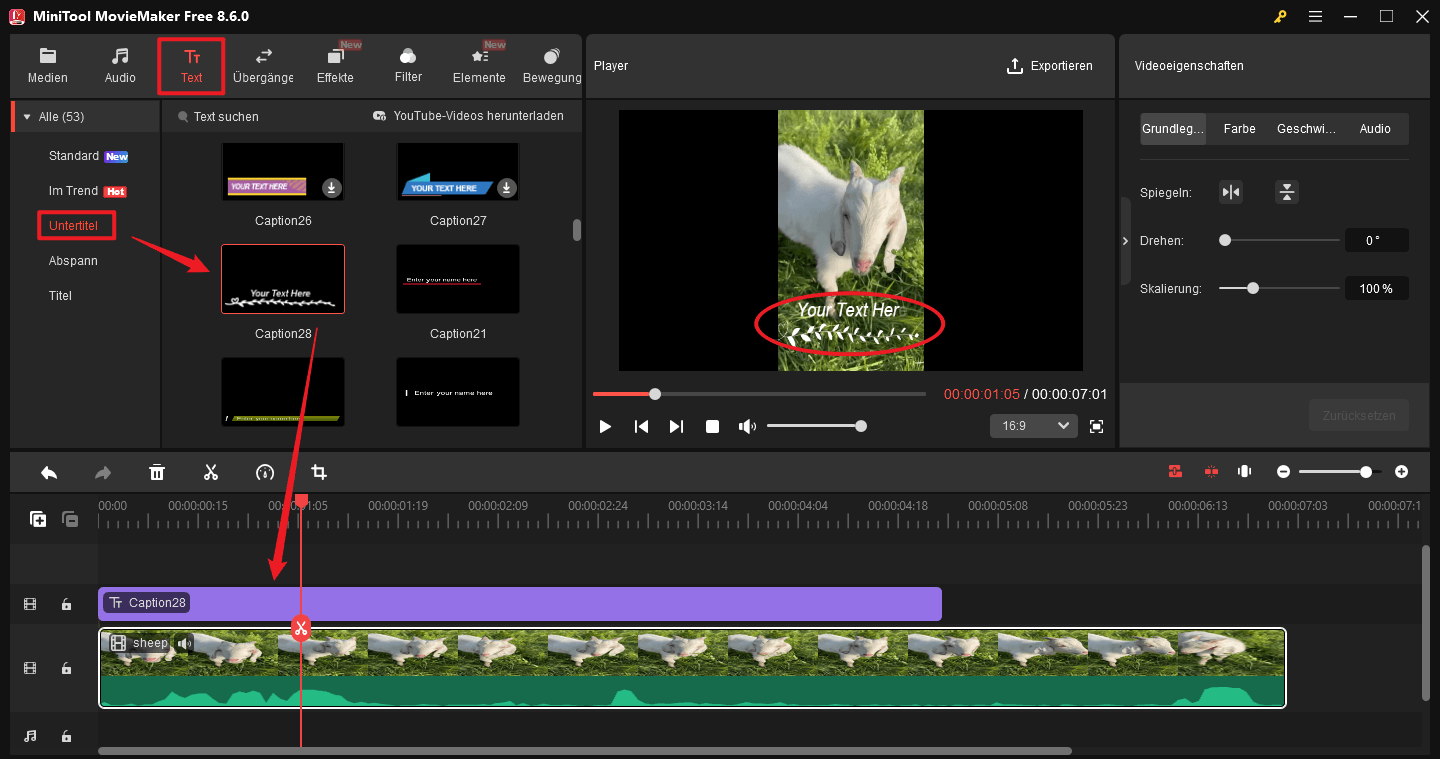 Die Benutzeroberfläche von MiniTool MovieMaker zeigt, wie man animierte Untertitel zu einem GIF hinzufügt.