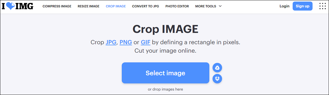 iLoveIMG image cropper page showing where to upload a file.