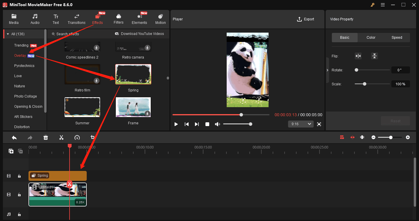 MiniTool MovieMaker interface showing how to add an overlay to a GIF.