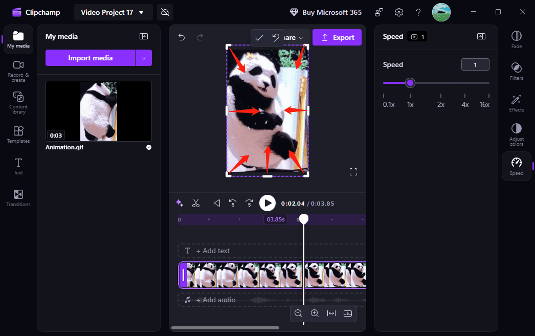 Microsoft Clipchamp’s main interface showing how to crop a GIF.