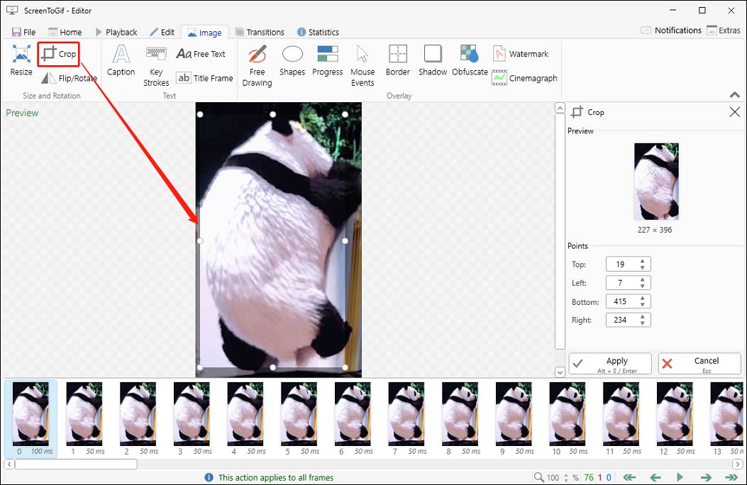 ScreenToGif’S Editor page showing how to crop a GIF.