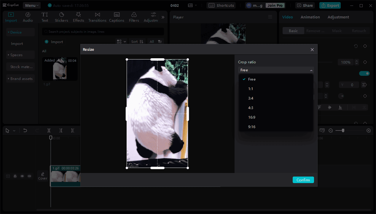 CapCut interface showing a Resize window to crop GIFs.