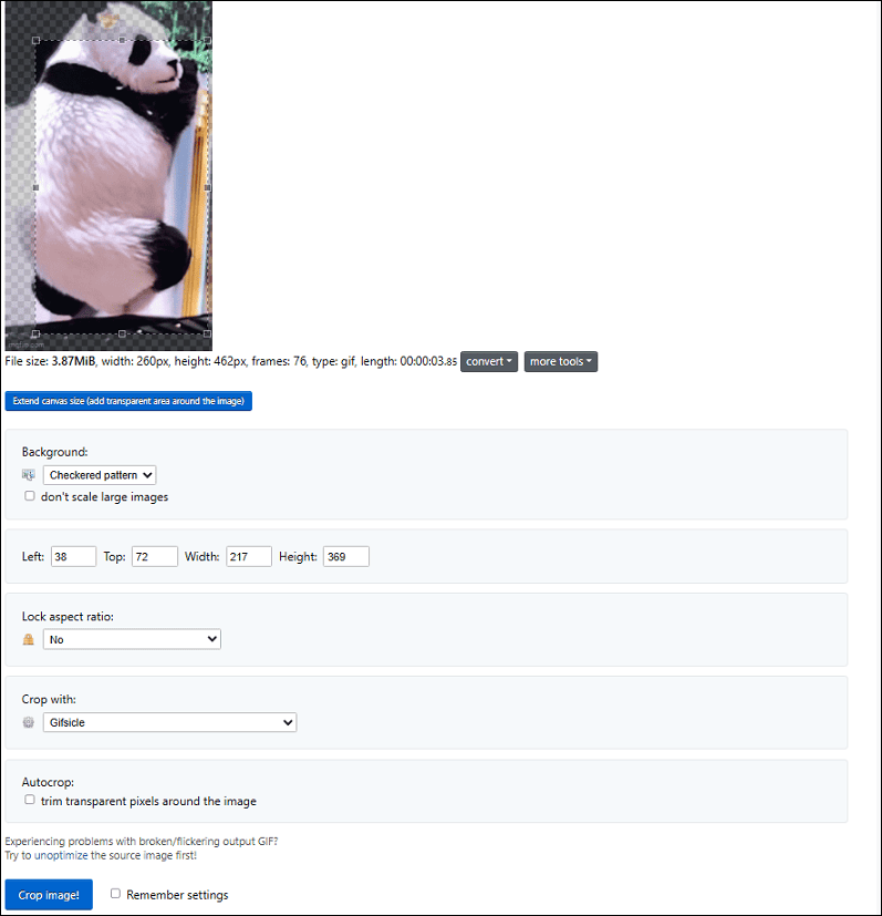 The GIF cropping page of the Ezgif website.