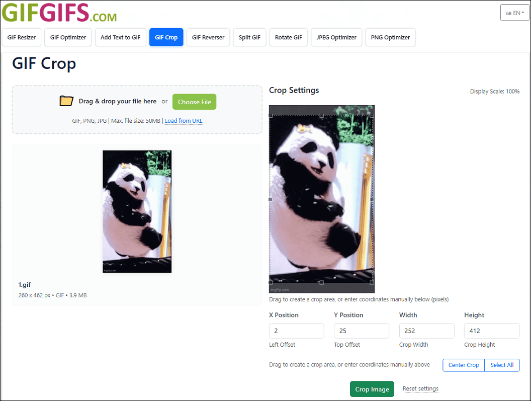 The GIF cropping page of the GIFGIFs website.