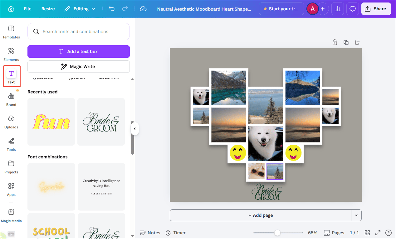 Canva editing interface with the selected Text tab.
