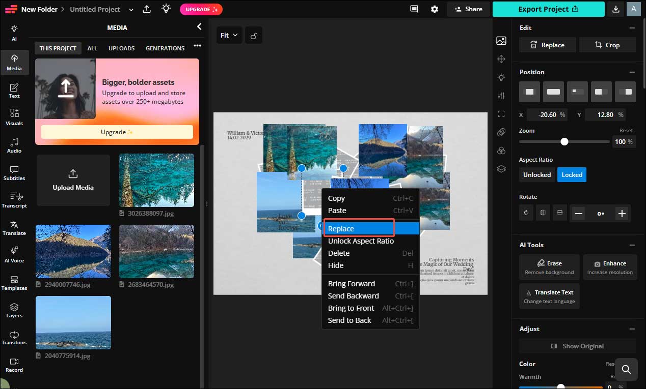 Kapwing editing interface with the selected Replace option.
