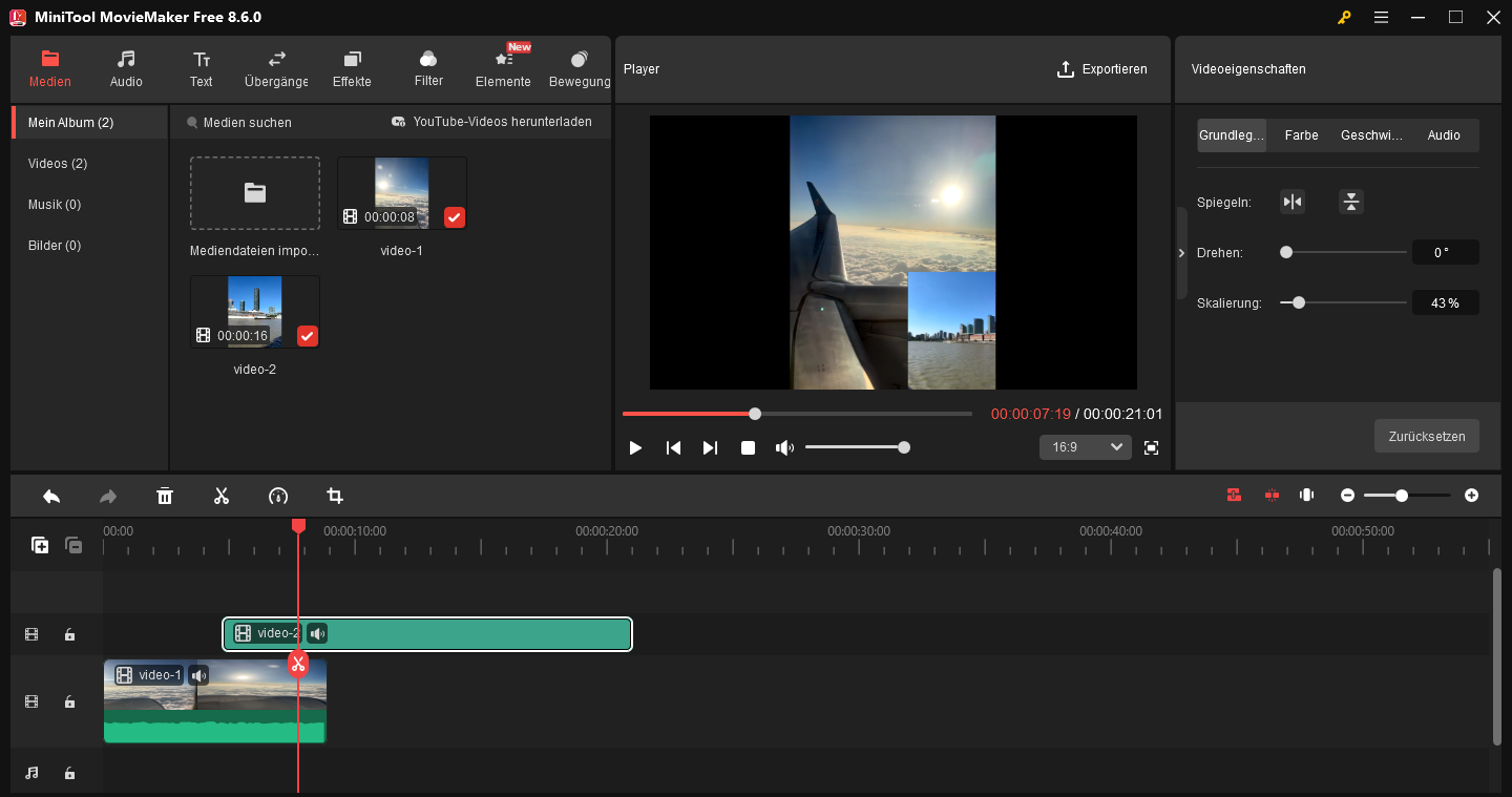 Wiedergabe eines Videos mit Bild-in-Bild-Effekt in MiniTool MovieMaker.