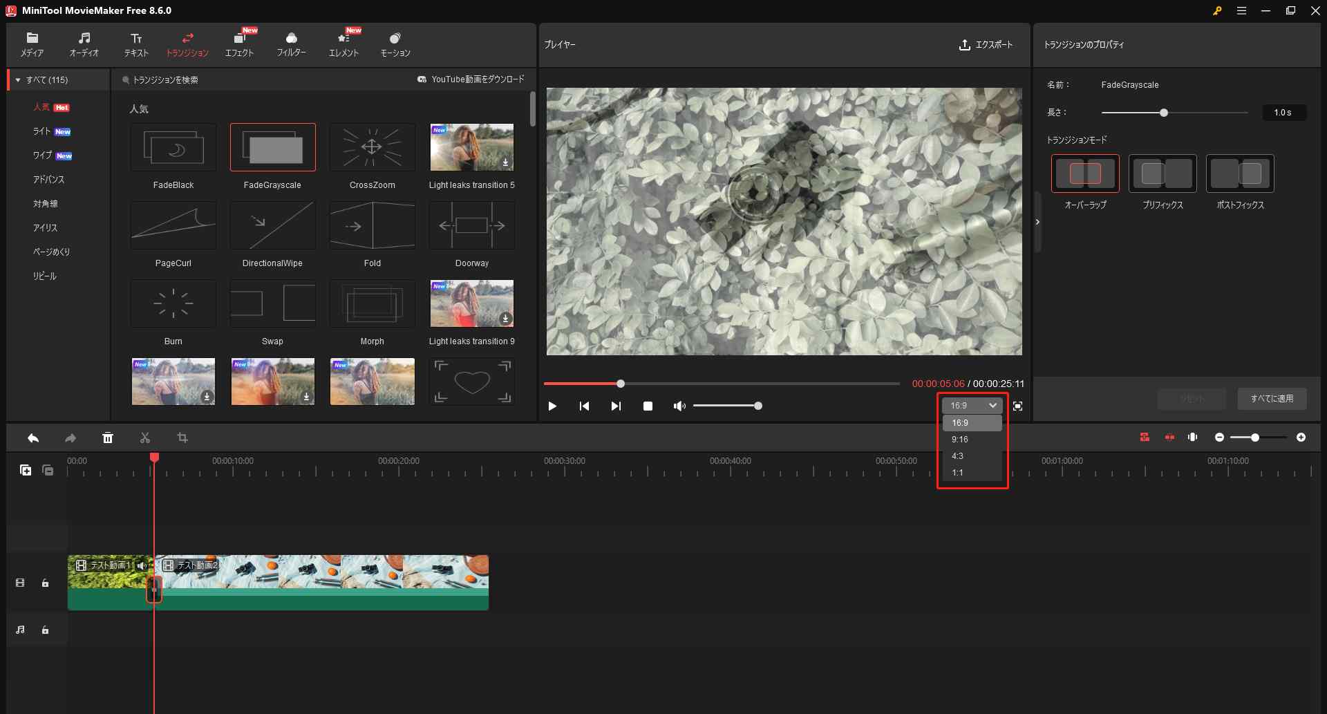MiniTool MovieMakerのプレイヤーセクションで動画アスペクト比を変更している様子