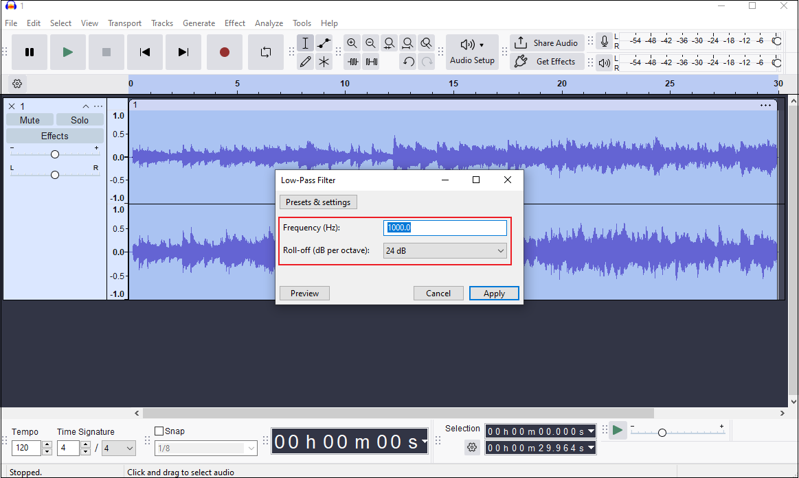 Audacity Low-Pass Filter window displaying the selected frequency and roll-off settings.